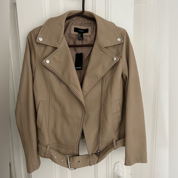Forever 21 Jackets & Blazers - Forever 21 Belted Moto Jacket NWT Taupe Beige S Faux Leather NICKS/FLAW SEE PICS